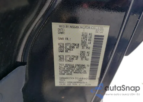 2012 Nissan Titan S из США, поврежденный, VIN 1N6BA0CC5CN314890